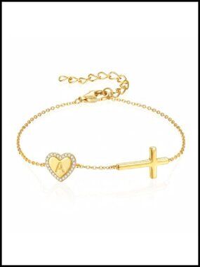 Sterling Silver Initial Cross Bracelet Dainty Heart Charm Adjustable